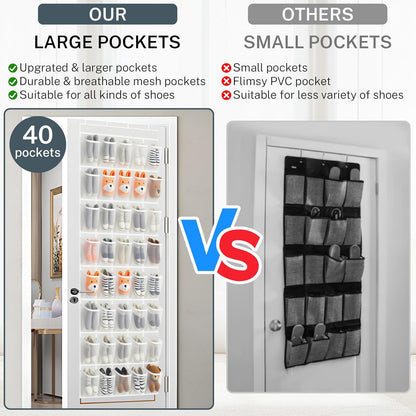 40 Large Mesh Pocket Over the Door Shoe Organizer,Hanging Shoe Rack for Door,Hualleko Shoes Organizer Hanger with Large Capacity, Shoes Storage Holder Sturdy Non-woven Fabric - Stores 20 Pairs (White)