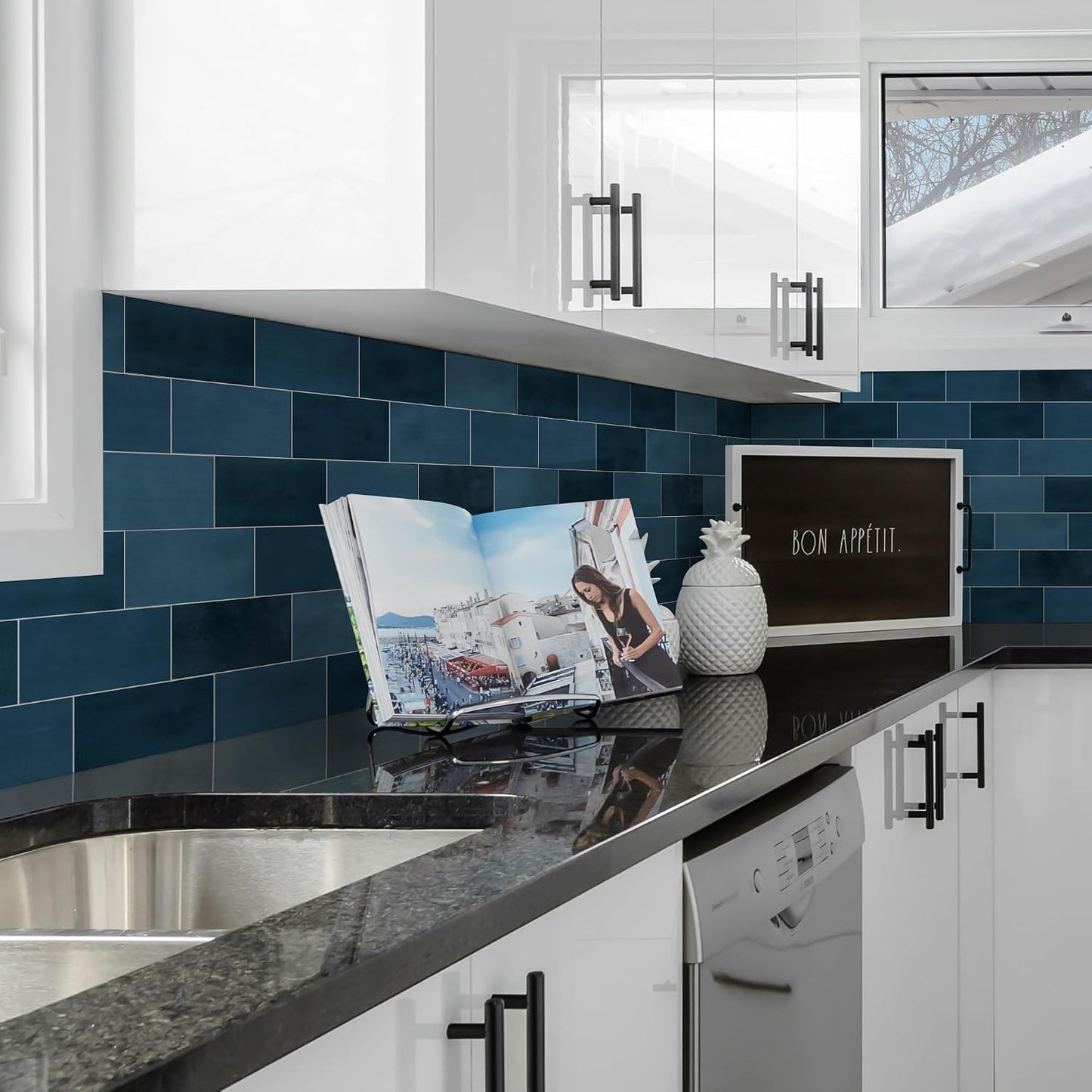 SUNWINGS 100-Sheet Subway Peel and Stick Backsplash Tile, 6" x 3" White Mixed Stone Composite Handmade Looks Self Adhesive Waterproof Wall Tile, Stick on Tiles for Kitchen Bathroom Shower Fireplace