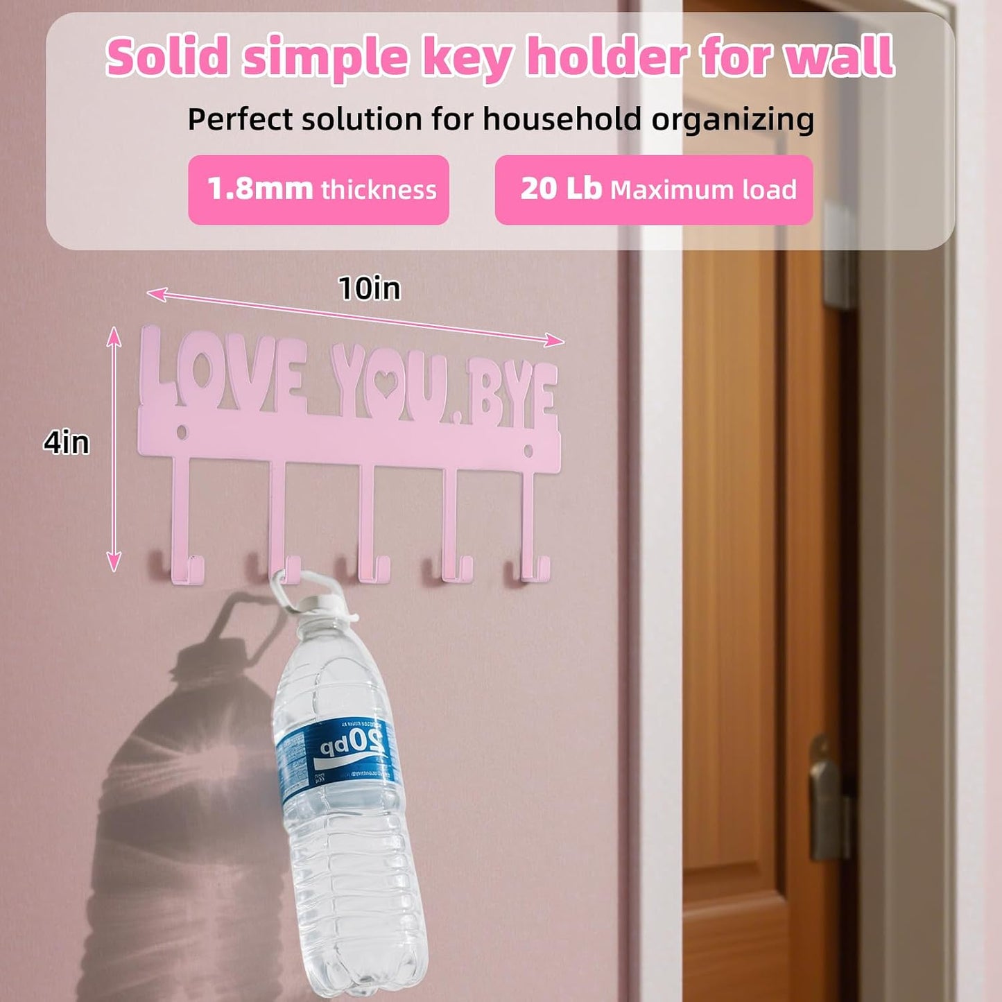 Key Holder Wall Mount, No Drill Adhesive, Black, 5 Hooks | 'Love You.Bye' Entryway Organizer, Metal, 10x4 Inch, Screws Installation
