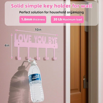 Key Holder Wall Mount, No Drill Adhesive, Black, 5 Hooks | 'Love You.Bye' Entryway Organizer, Metal, 10x4 Inch, Screws Installation
