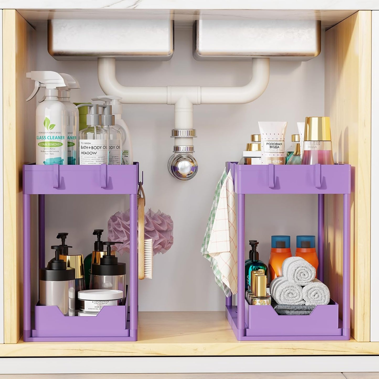 Simple Trending Under Sink Organizer 2 Pack, Sink Pull-Out Sliding Storage Cabinet, 2-Tier Under Shelf Organizer for Kitchen Bathroom, Black