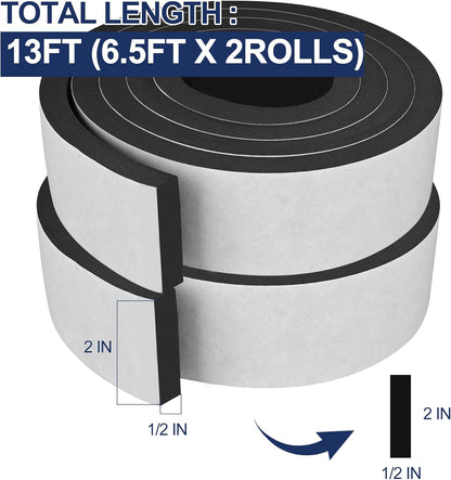 66Ft Foam Tapes Self Adhesive Foam Seal Strips 1/2In x 1/8In x 33.1Ft Each Roll Weatherstrips High Resilience Weather Stripping Door Seals for Door Soundproofing, Window Insulation (2R, White)