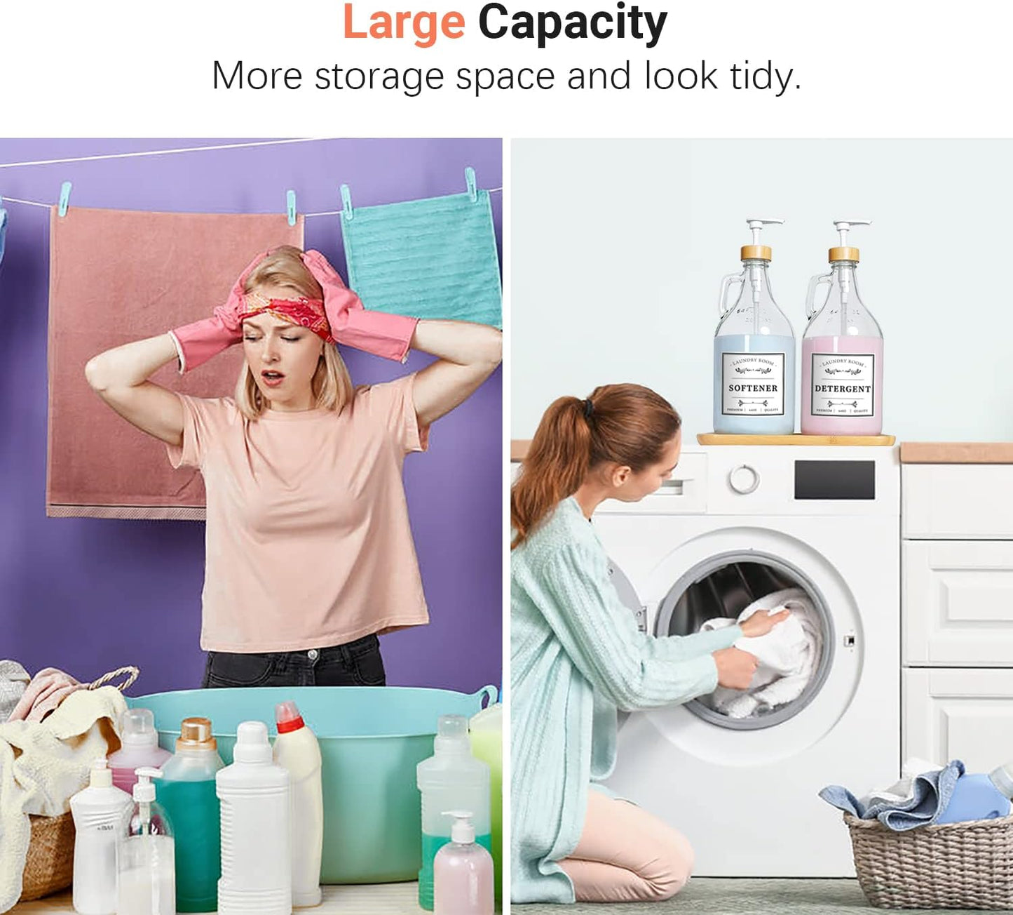 2 Pcs Glass Laundry Detergent Dispenser Bottle, Liquid Laundry Soap Dispenser for Laundry Room, 64oz Detergent Bleach Softener Dispenser for Farmhouse Decor, Includes Bamboo Pumps Tray Funnel Labels