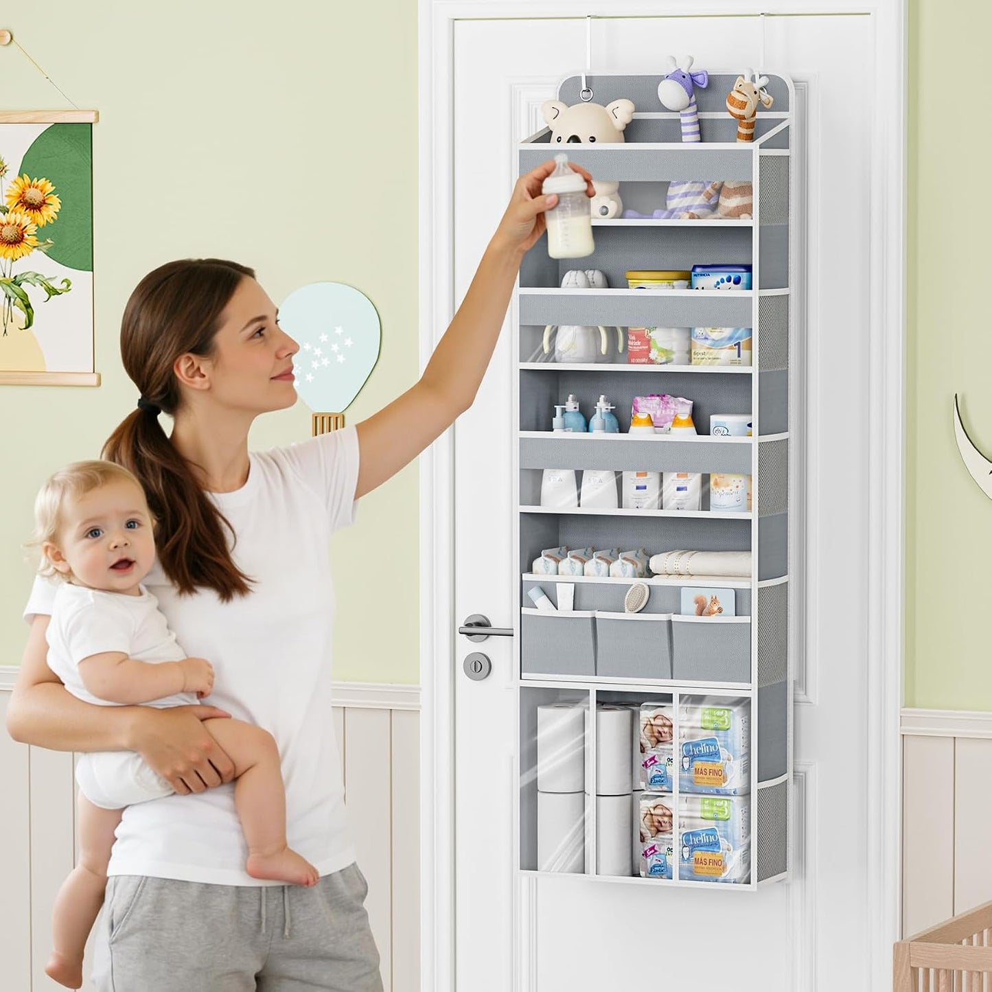 COOLBEBE 2-Pack over the Door Organizer, 5-Tier Hanging Storage with Clear Windows & Mesh Side Pockets, Heavy-Duty Nursery Closet Organizer for Baby Essentials, Bathroom, Bedroom, Grey