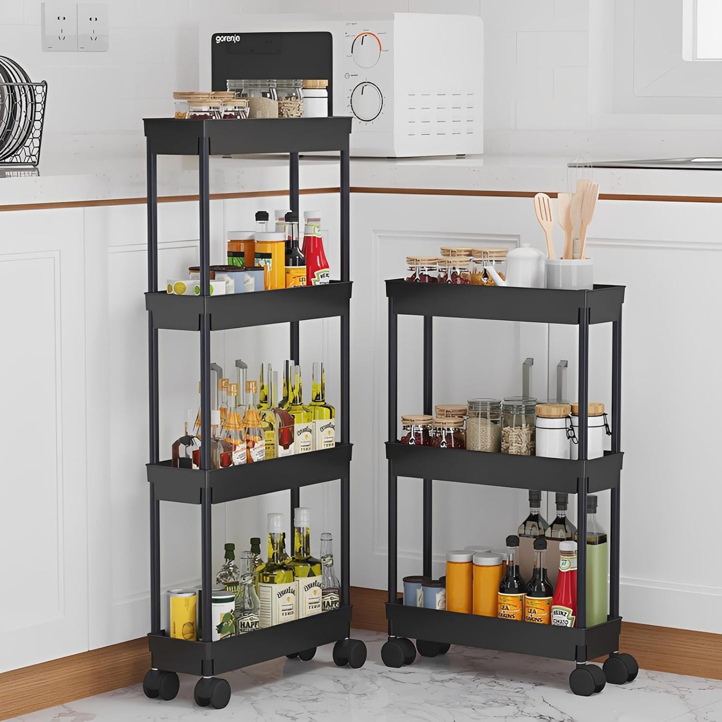 Sooyee 3 Tier Rolling Cart with Wheels, Slim Storage Cart, Under Desk Narrow Rolling Utility Cart Storage Organizer for Office Bathroom Kitchen Laundry Room Narrow Places, White, Plastic and Metal