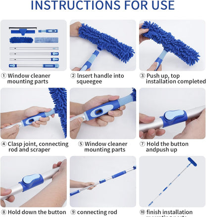 LOMIDA Professional Window Squeegee Kit - 62" Lightweight Aluminum Pole, 2 in 1 Rotatable Window Cleaning Tool Kit with Extension Pole Cleaning with Bendable Head for Car/Shower/High Windows