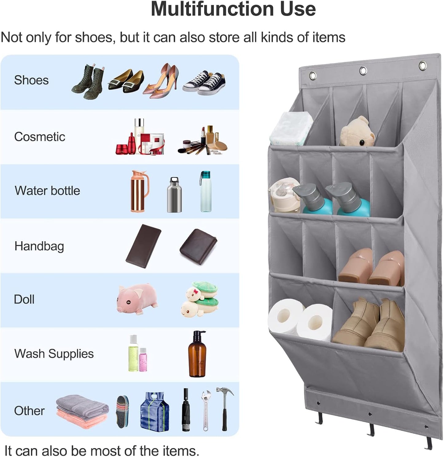 FENTEC 1 Pack Over-the-Door-Shoe-Organizers,Hanging Organizers with Large Pocket Shoe Holder Hanging Shoe Rack for Closet Shoe Organizer for Wall, Over Door Organizer with 15 Pockets Gray