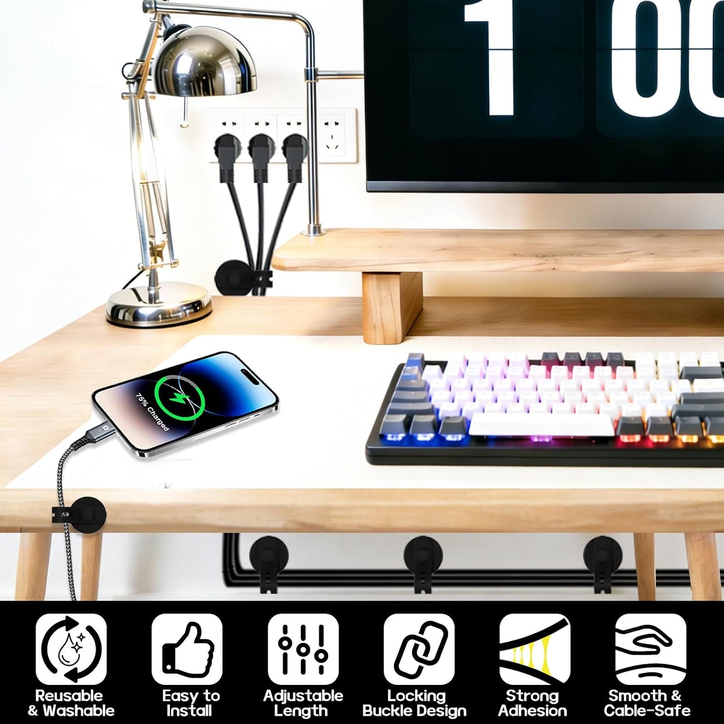 12Pcs Silicone Cable Straps, Self Adhesive Cable Management Under Desk, Reusable Cable Clip, Wire Organizers for Cords, Cord Holder for Home, Kitchen, Office, Bedroom, Car (Black)