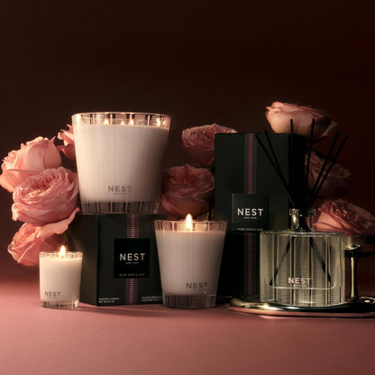 NEST New York Reed Diffuser, Moroccan Amber - 5.9 fl oz - Fragrance for Up to 90 Days - Reusable, Refillable Glass Holder - Includes 8 All-Natural Reed Sticks - Flame Free