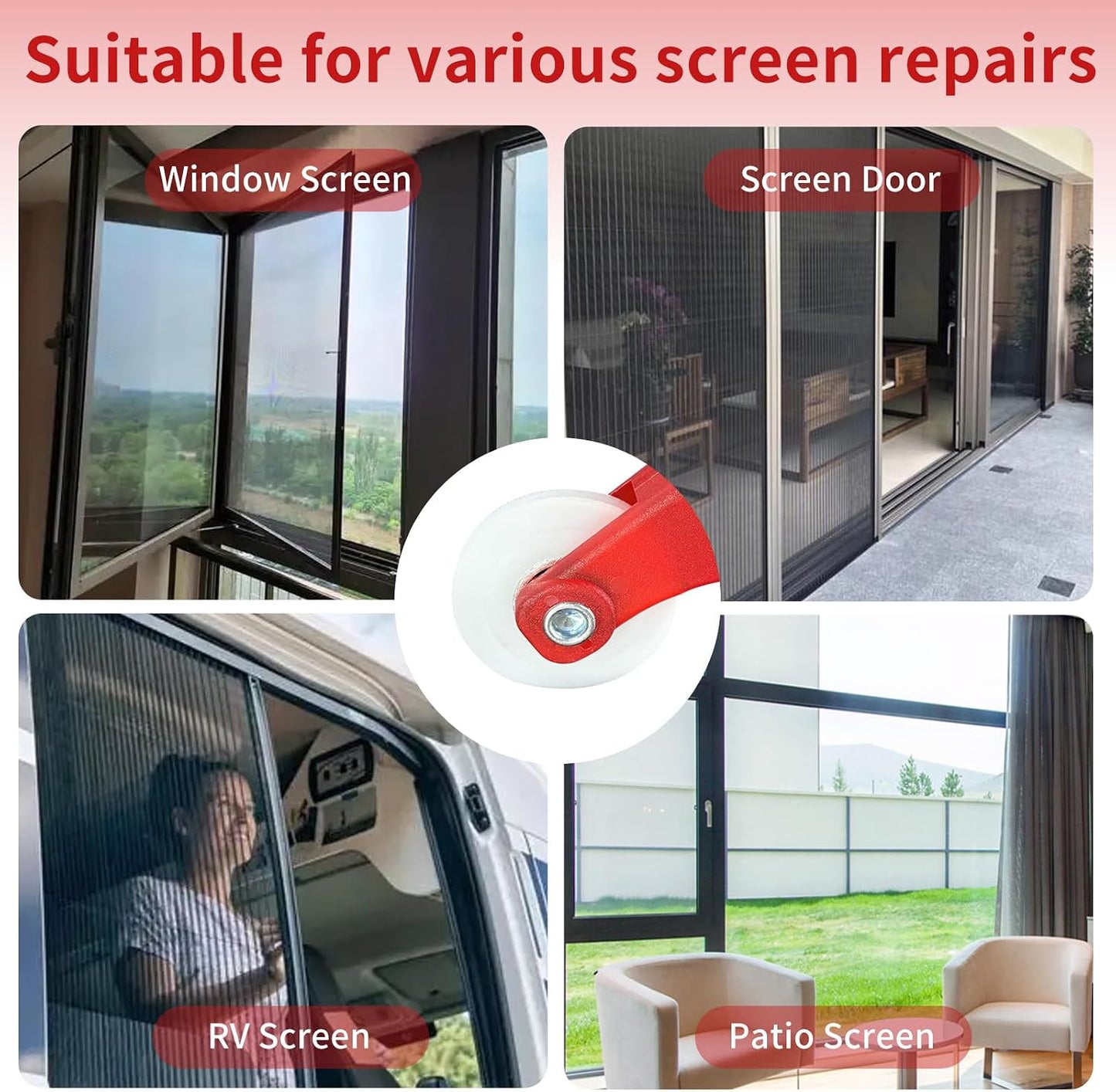4PCS Window Screen Door Repair and Replacement Kit, 48"x118" Fiberglass Screen Mesh, 0.125" x 40' TPE Spline,Spline Roller and Remove Hook, Window Screen and Sliding Screen Door Replacement