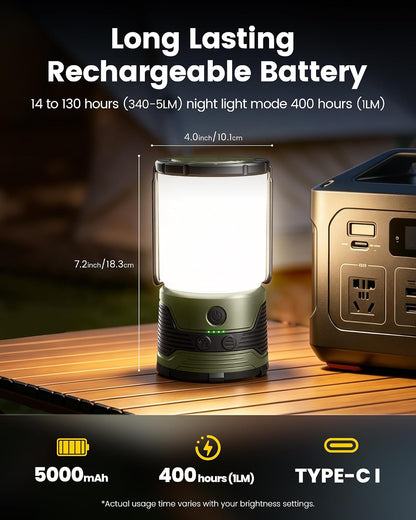 Glocusent 1200LM LED Camping Lantern Rechargeable, 7 Light Modes, 5000mAh Power Bank, IP45 Waterproof, Perfect Lantern Flashlight for Hurricane, Emergency, Power Outages, Home, USB C Cable Included
