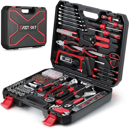 Eastvolt 128-Piece Home Repair Tool Set, Tool Sets for Homeowners, General Household Hand Tool Set with Storage Toolbox, EVHT12801, Black + Red (ASK01)