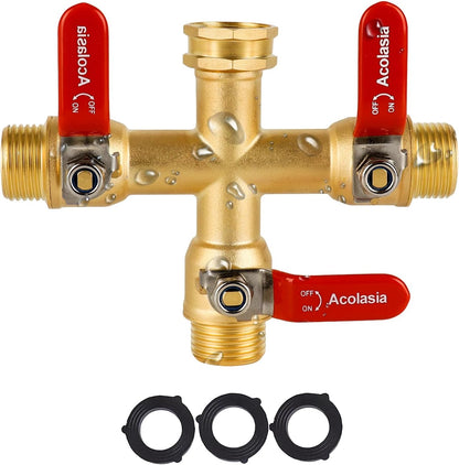 Hose Splitter 2 Way Heavy Duty Brass Garden Hose Splitter with 360° Rotatable, 304 Stainless Steel Long Handle Outdoor Full Flow Hose Splitter Connector, 3/4" GHT Thread