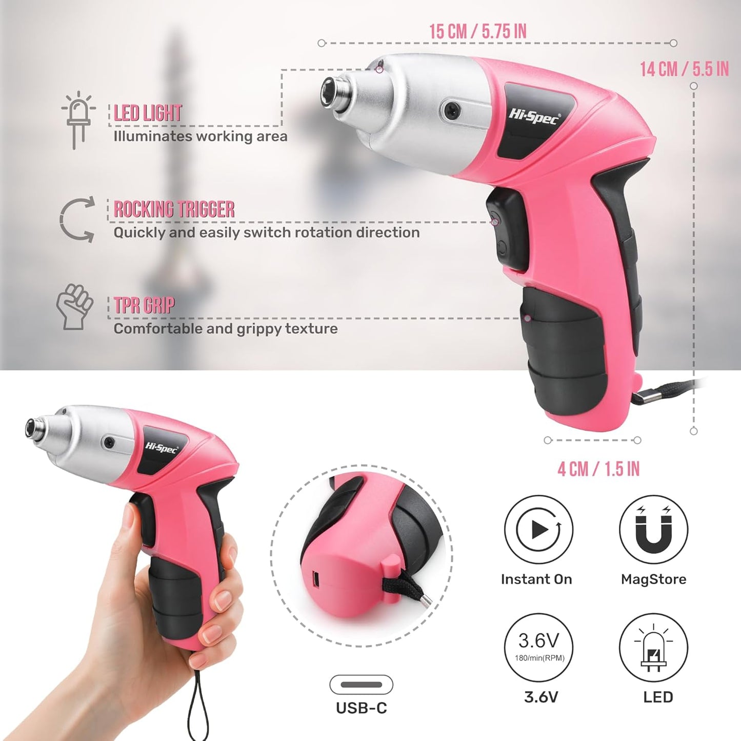 Hi-Spec Cordless Electric Screwdriver, Power Screw Driver Set with Pink Compact Tool Kit for Small Repair and Maintenance- Ideal Housewarming Gift,19 Piece