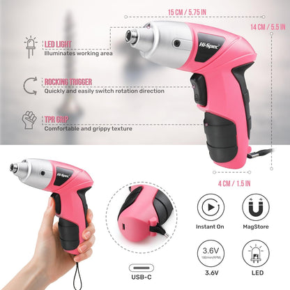 Hi-Spec Cordless Electric Screwdriver, Power Screw Driver Set with Pink Compact Tool Kit for Small Repair and Maintenance- Ideal Housewarming Gift,19 Piece