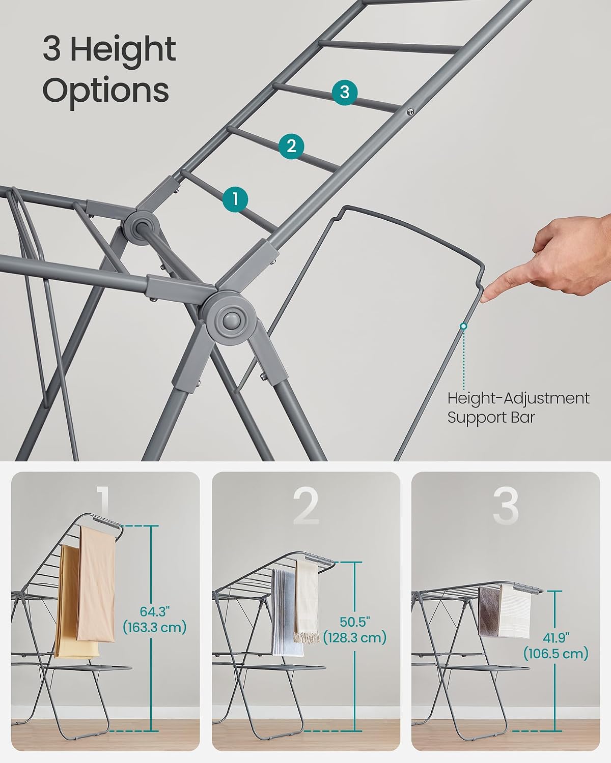SONGMICS Clothes Drying Rack, Foldable 2-Level Laundry Drying Rack, Free-Standing Laundry Airer, with Height-Adjustable Wings, 33 Drying Rails, Sock Clips, Silver and Blue ULLR53BUV1