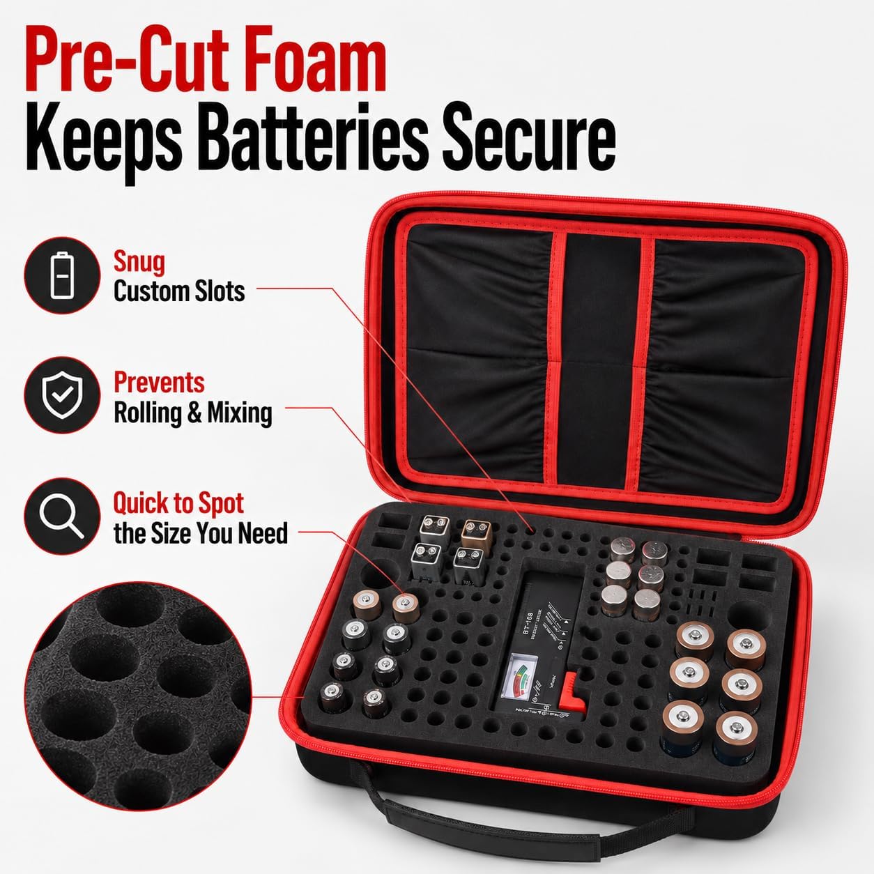 Comecase Battery Storage Case with Tester, Holds 148+ AA AAA C D 9V, Black | Hard-Shell Design, Carry Handle and Custom Foam Slots Keep Batteries Visible, Separated and Ready for Home, Garage or Office