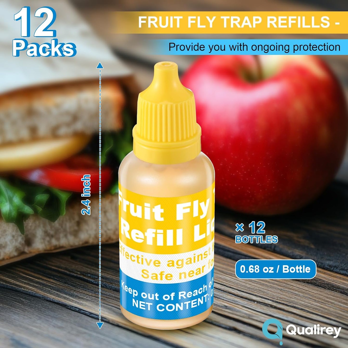 Qualirey 6 Pack Fruit Fly Trap Refill Liquid, 0.68oz Per Bottle Liquid Fruit Fly Traps for Indoors, Non Toxic Bait Safe Near Pets, Food and Kids, Lure Refill for Home Kitchen