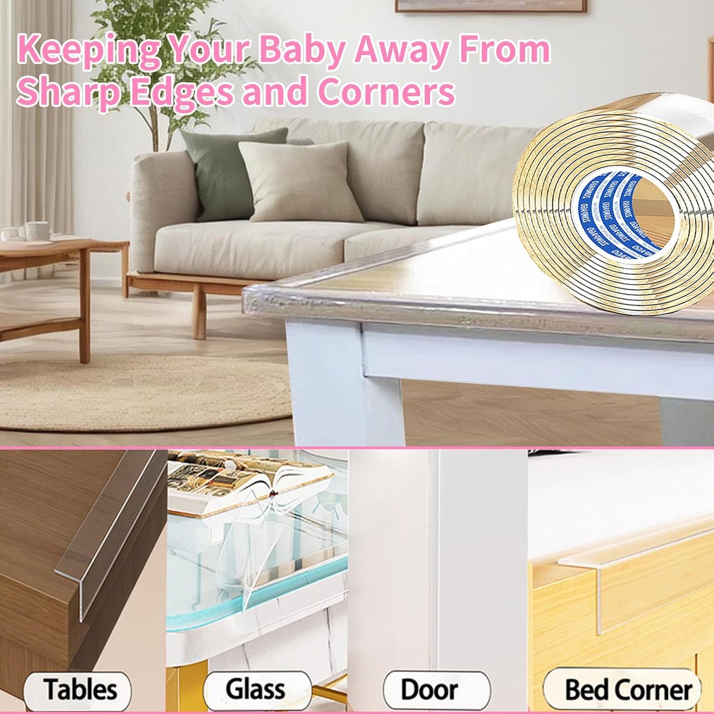 ZOMPAGO Baby Edge Protector Roll (6.56FT) & 8 Corner Guards - White Foam Furniture Corner Protectors - Baby Proof Corners and Edges for Table, Wall, Bed Frame - Baby Proofing Safety Bumpers