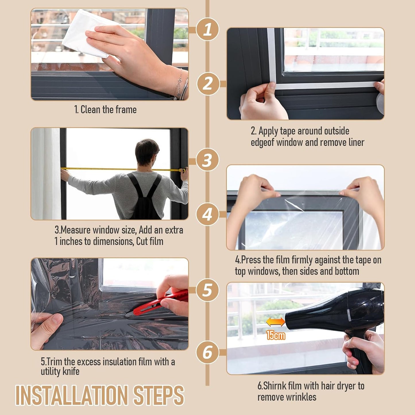 Window Insulation Kit for Winter,Plastic Shrink Film & Strong Tape, Indoor Thermal Seal to Block Drafts, Cold Air for Windows and Patio Doors,5-Pack(42"W x 62"T)