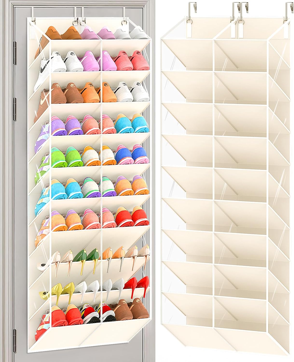 UVIAHOMI 20-30 Pairs Over the Door Shoe Organizer, Clear Pockets Hanging Shoe Storage for Closet, 10-Tier Door Shoes Rack, Handing Shoes Holder Fit All the Family's Sneakers, Boots, Heels, White