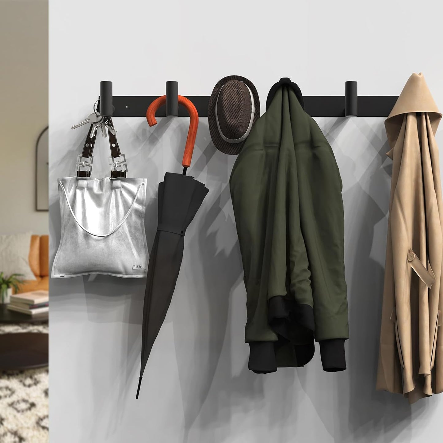 VAEHOLD Black Hat and Coat Wall Mount Rack - 3 Hooks for Robes, Bags, Keys, and Towels - Bathroom Towel Hanger Organizer (1 Pack)