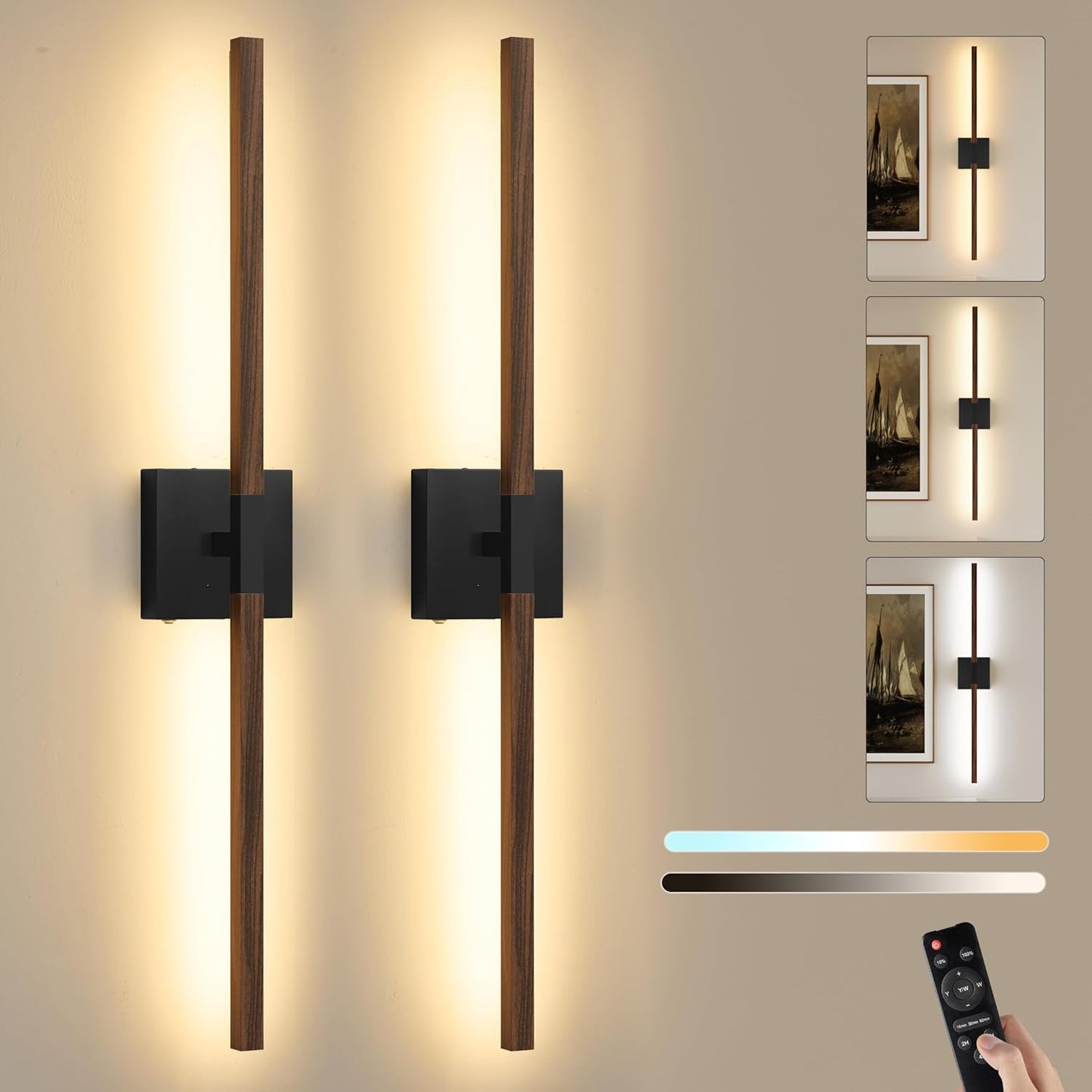 8000mAh Battery Operated Wall Sconce with Remote Control, 3000K-6000K Dimmable Black Wireless Rechargeable Wall Sconces Set of Two with Timer Function for Living Room, Bedroom, Stairwell, TV 24 Inch