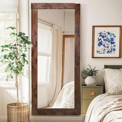 Solid Wood Full Length Mirror - 65"x22" Arched Floor Mirror, Free Standing & Wall Mounted - Elegant Design for Bedroom, Dressing Room, Hallway, Brown