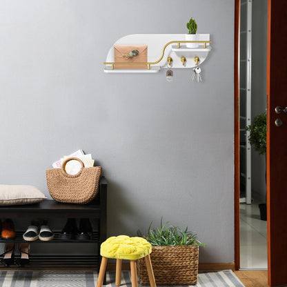 Key Holder for Wall, Decorative Key and Mail Organizer with 6 Sturdy Metal Hooks and Floating Shelf, 14 Inches Wood Wall Mounted Key Rack for Entryway, White and Gold