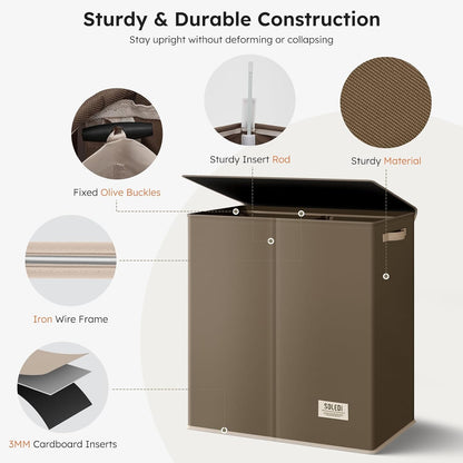 SOLEDI Luxury Double Laundry Hamper with Lid and Removable Bags, 38.3 Gal Large Laundry Bin, Laundry Basket 2 Sections, Collapsible Clothes Hamper for Bedroom, Laundry Room, Bathroom, Off-white