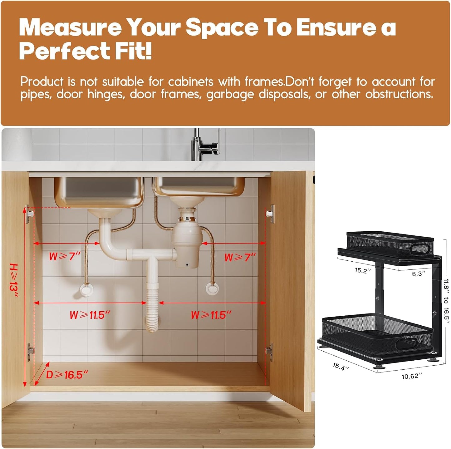 2-Pack Under Sink Storage Organizer with 2-Tier Slide Out Drawer, Sophisticated Mesh Pull Out Shelf for Kitchen & Bathroom, Fits Small Items, Upgraded Arched Track for Smooth Gliding(Patented)