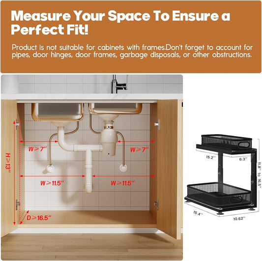 2-Pack Under Sink Storage Organizer with 2-Tier Slide Out Drawer, Sophisticated Mesh Pull Out Shelf for Kitchen & Bathroom, Fits Small Items, Upgraded Arched Track for Smooth Gliding(Patented)
