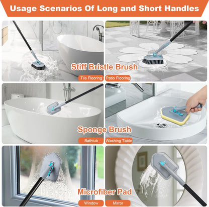 Long Handled Scrub Brush for Shower，3-in-1 Cleaning Brushes with 3 Different Function Cleaning Heads Brush for Shower Cleaning Bathroom Kitchen Walls Tub Tile