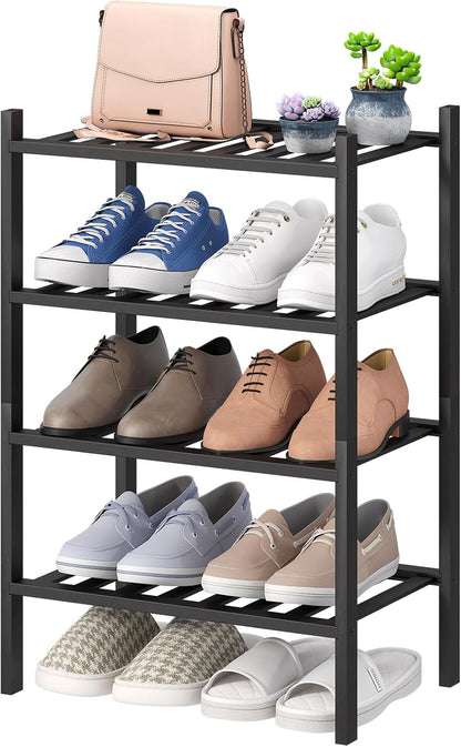 viewcare 3-Tier Black Bamboo Shoe Rack for Entryway, Stackable | Foldable | Natural, Shoe Shelf Storage Organizer for Hallway Closet, Free Standing Shoe Racks for Indoor Outdoor