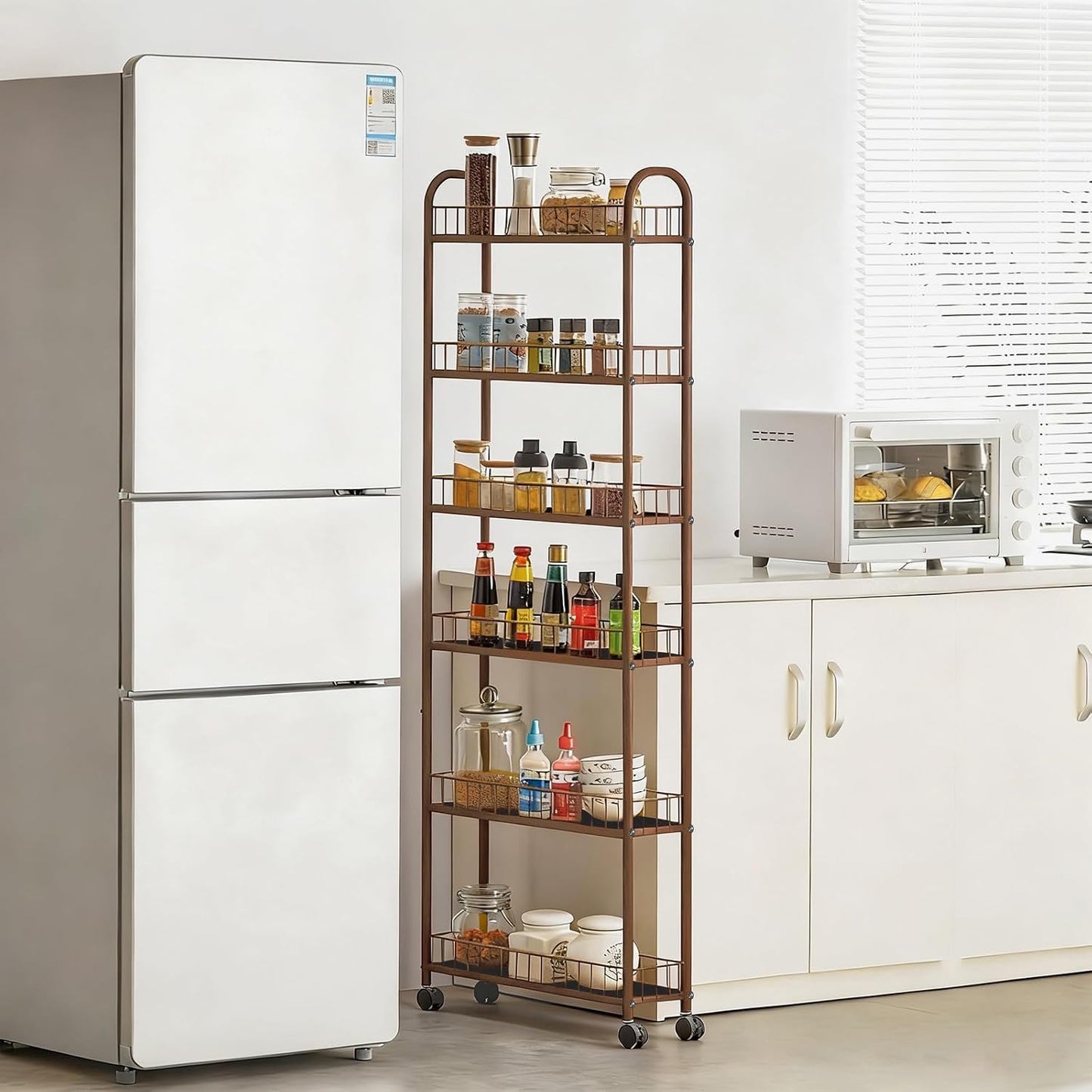 10in 6-Tier Slim Storage Cart with Wheels, Metal 10in Wide Black Narrow Rolling Shelf, Sturdy Slim Storage with Hooks Ideal for Kitchen, Bathroom, and Laundry Room