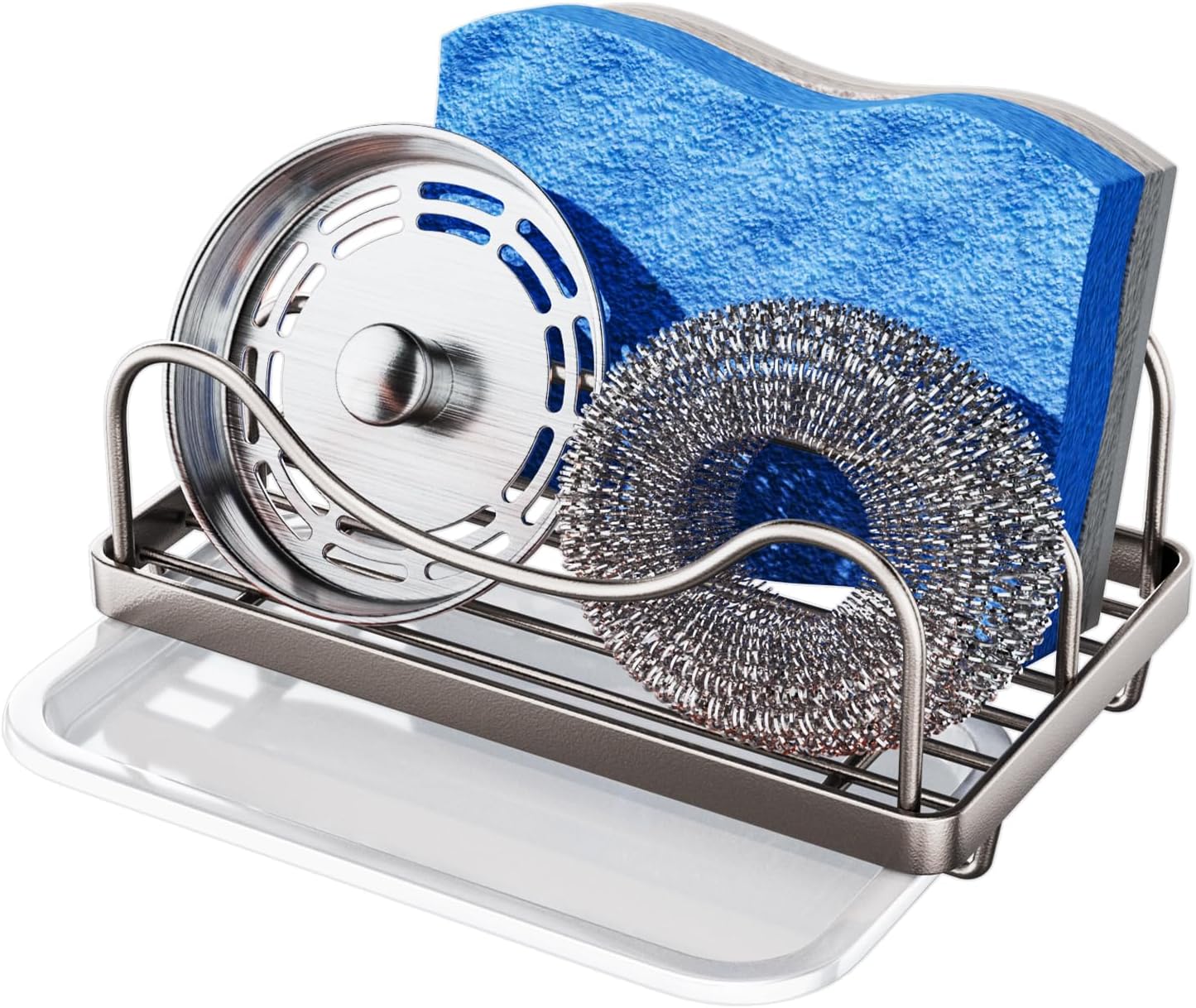 Consumest Sponge Holder for Kitchen Sink - Movable Sink Caddy for Countertop Organizer, 304 Stainless Steel Sponge Holder with Detachable Drip Tray for Kitchen Accessories-Silver