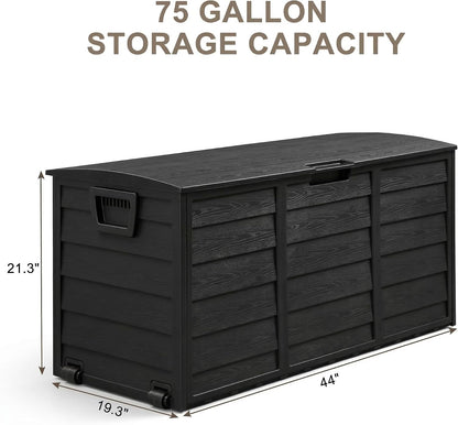 75 Gallon Outdoor Storage Box, 260L Waterproof Resin Deck Box for Patio Furniture Cushions, Garden Tools and Yard Accessories, Lockable Storage Chest with Wheels and Handles (Brown)
