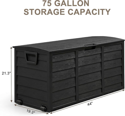 75 Gallon Outdoor Storage Box, 260L Waterproof Resin Deck Box for Patio Furniture Cushions, Garden Tools and Yard Accessories, Lockable Storage Chest with Wheels and Handles (Brown)