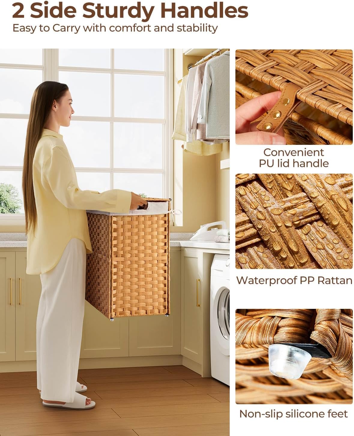 Greenstell Laundry Hamper with 2 Removable Liner Bags, Foldable Divided Clothes Hamper, 90L Handwoven Rattan Laundry Basket with Lid and Handles, No Assembly Needed, 18.3x13.3x24 Inches, Black