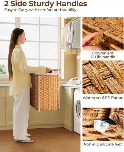 Greenstell Laundry Hamper with 2 Removable Liner Bags, Foldable Divided Clothes Hamper, 90L Handwoven Rattan Laundry Basket with Lid and Handles, No Assembly Needed, 18.3x13.3x24 Inches, Black