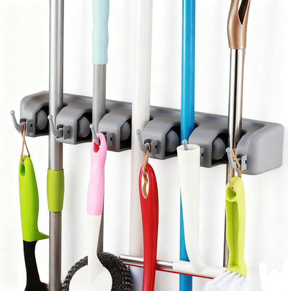 TOGU Mop and Broom Holder Wall Mounted 3 Position Storage Rack with 4 Retractable Hooks Holds up to 7 Tools Utility Weatherproof Holder for Garage Storage Systems Broom Organizer,Gray