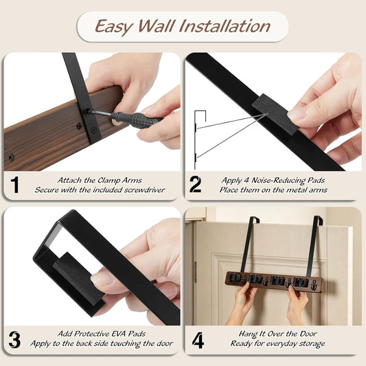 OUTNILI Over the Door Broom and Mop Holder, Wood Broom Organizer with 4 Slots and 4 Hooks, No Drilling Door Mount Tool Rack for Laundry Room, Garage, Closet, Kitchen, Rustic Cleaning Tool Storage