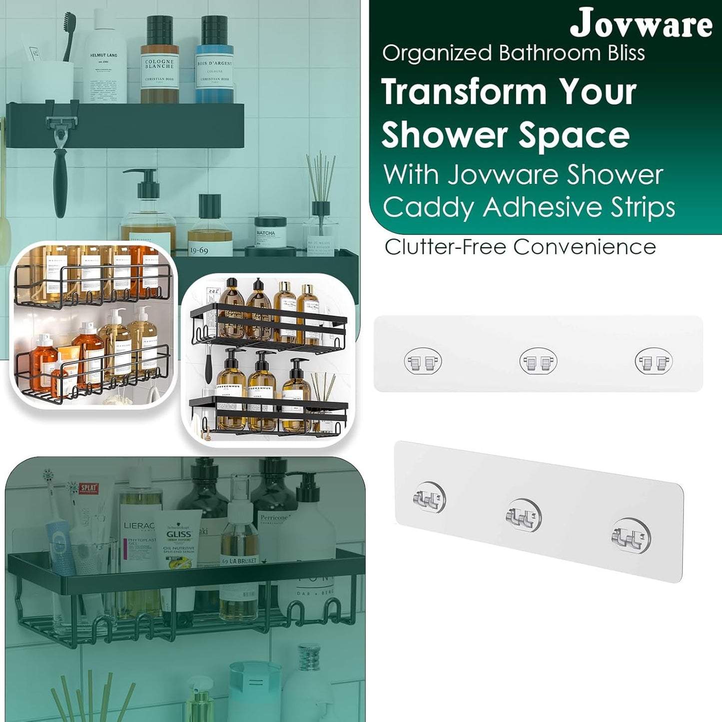 Shower Caddy Adhesive Replacement Stickers Sticker Shelf Basket Strips Suction Hooks Large Strong Hook for Bathroom Storage Corner Transparent Shelves Wall Mount 3 Hooks 11 13/16"