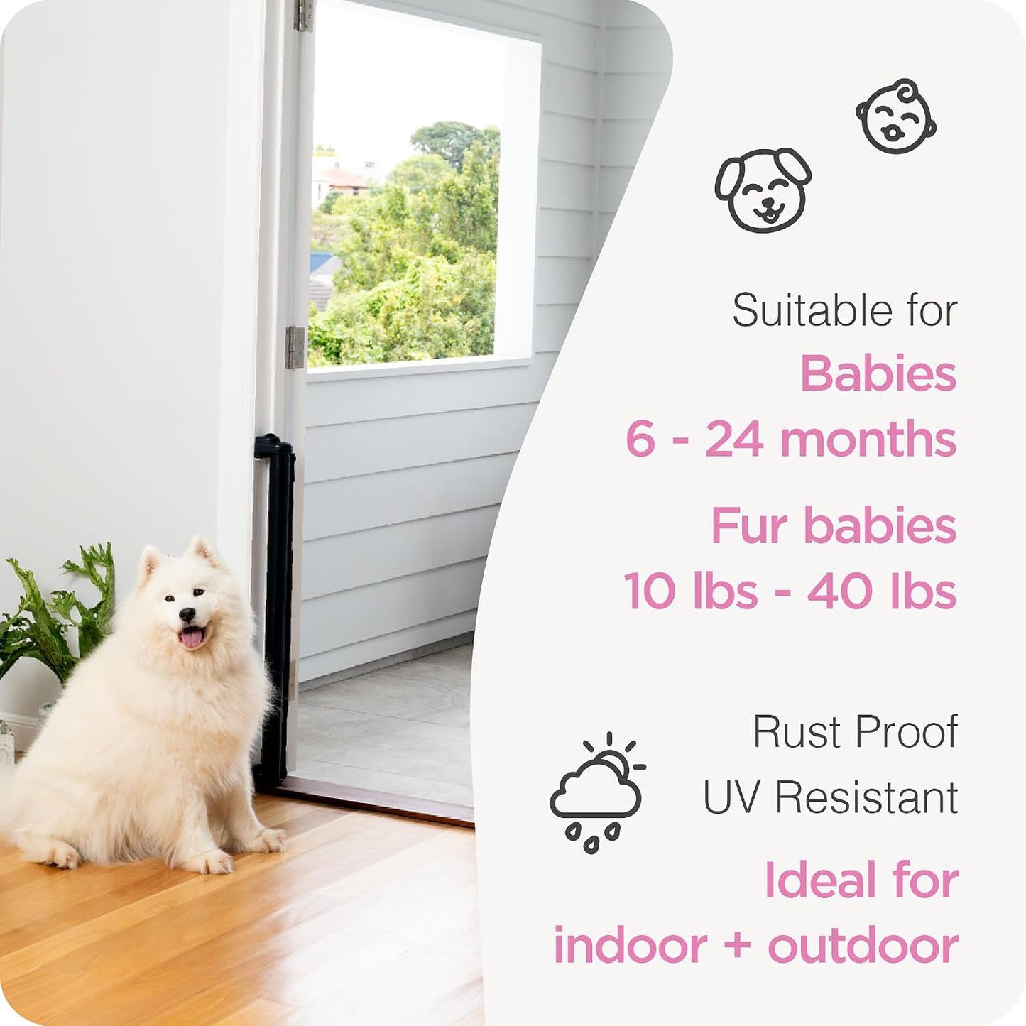 Retractable Baby Gate Perma Child Safety 33" Tall x 55” Wide, Mesh, for Stairs, Doorways, Dogs, Pets, Indoor, Outdoor, One-Handed Operation, Locking, Easy Install, Hardware Mount, White