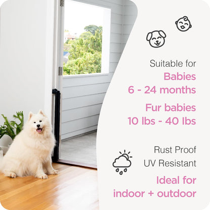 Retractable Baby Gate Perma Child Safety 33" Tall x 55” Wide, Mesh, for Stairs, Doorways, Dogs, Pets, Indoor, Outdoor, One-Handed Operation, Locking, Easy Install, Hardware Mount, White