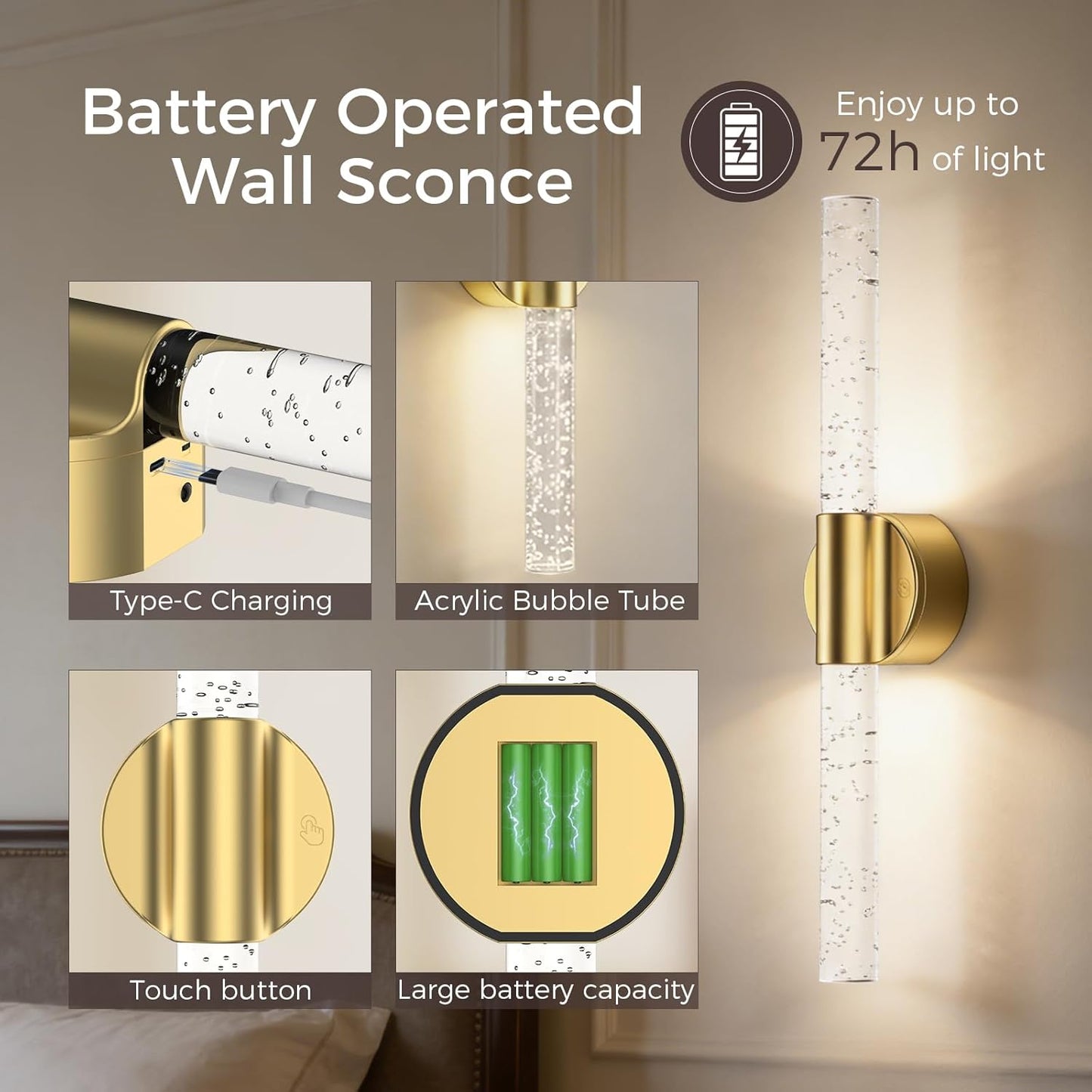 Peel and Stick on Battery Operated Wall Sconces Set of 2, Gold Wireless Magnetic Rechargeable Wall Lights with Remote & Touch Control, No Drill 3CCT Dimmable Wall Lamp for Bedroom Living Room Decor