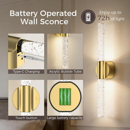 Peel and Stick on Battery Operated Wall Sconces Set of 2, Gold Wireless Magnetic Rechargeable Wall Lights with Remote & Touch Control, No Drill 3CCT Dimmable Wall Lamp for Bedroom Living Room Decor