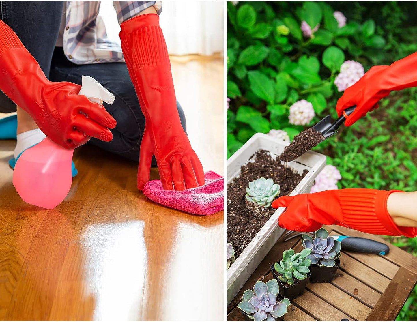 Vgo... 1-Pair Reusable Long Sleeve Thick Latex Dishwashing Gloves - Kitchen, Cleaning, Washing, Working, Painting, Gardening, Pet Care (Size M, Red, RB2143)