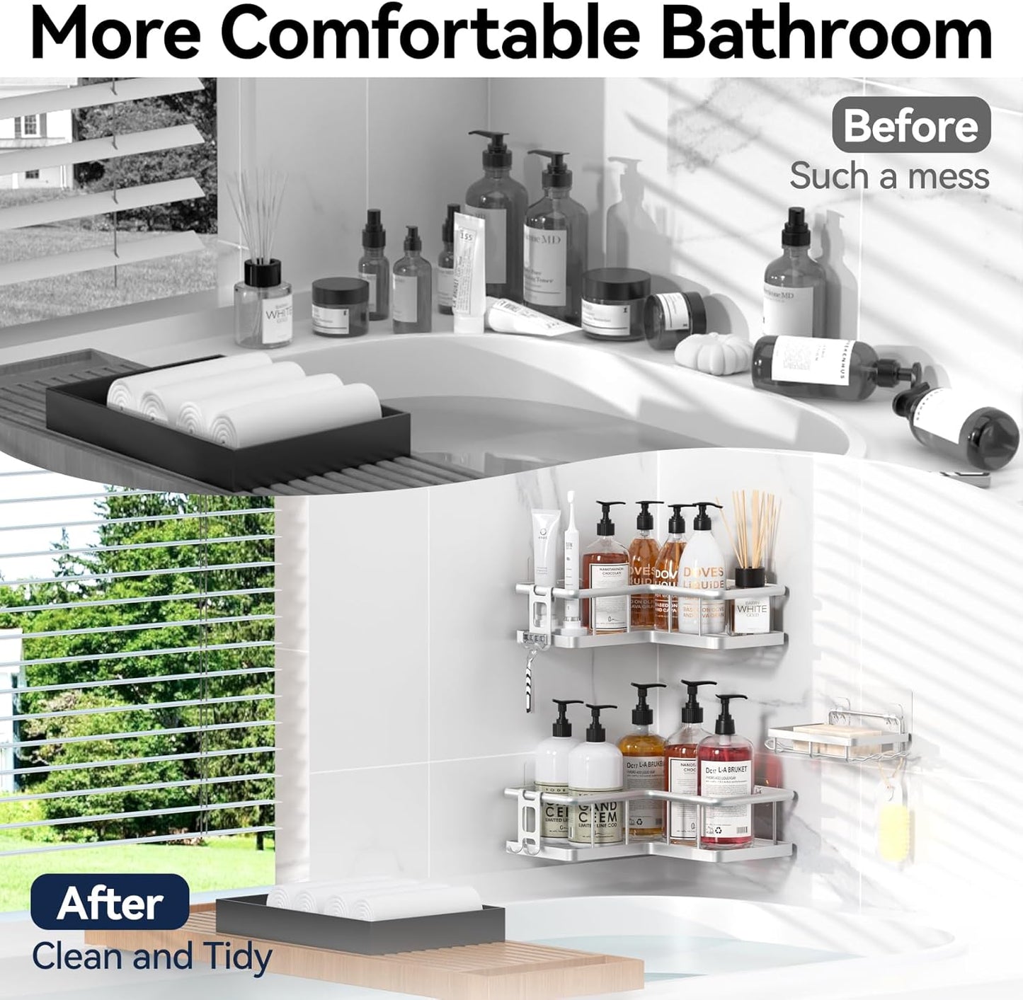 YASONIC Corner Shower Caddy, 5-Pack Adhesive Rustproof Stainless Steel Shower Organizer with Soap Holder, No Drilling Shower Shelf for Inside Shower, Dorm, Renters, Black