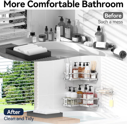YASONIC Corner Shower Caddy, 5-Pack Adhesive Rustproof Stainless Steel Shower Organizer with Soap Holder, No Drilling Shower Shelf for Inside Shower, Dorm, Renters, Black